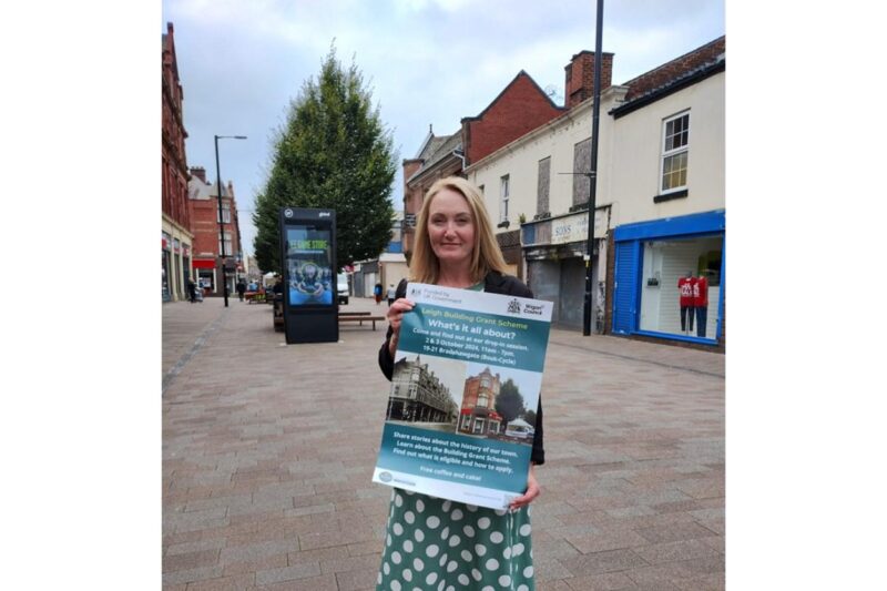 Jo - promoting the Leigh Town Centre Building Grant Scheme.