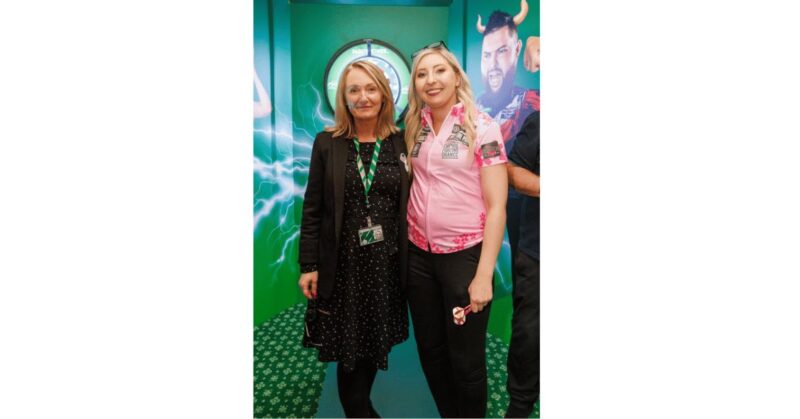 Jo Platt MP with darts pro Fallon Sherrock.