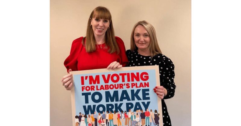 Angela Rayner and Jo Platt hold a sign saying: 