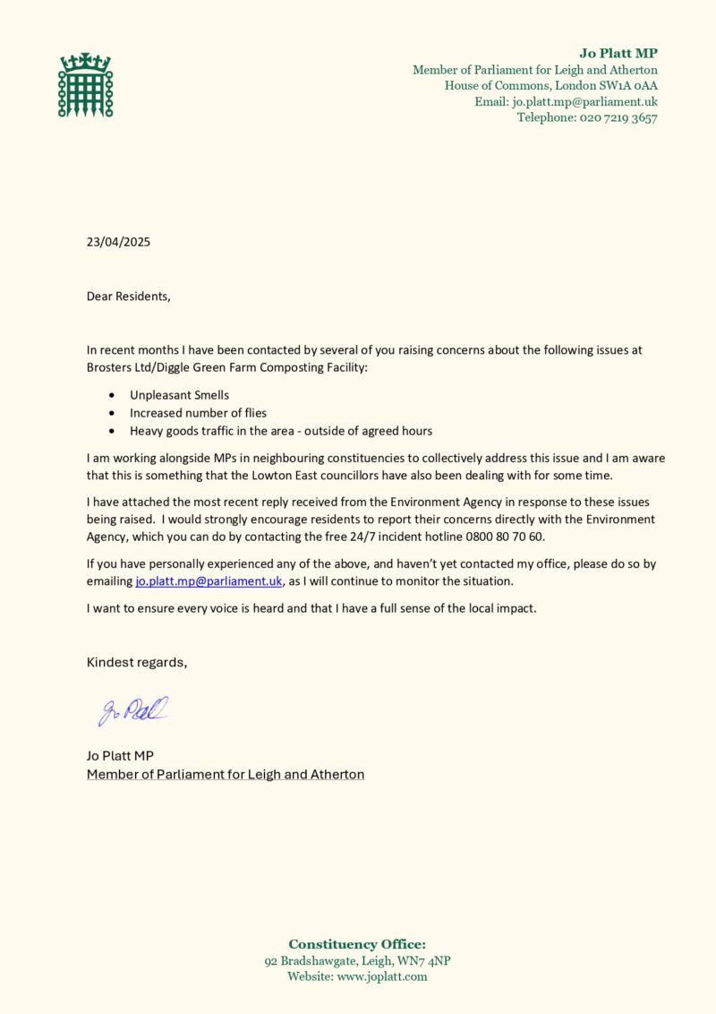 Letter to residents about the Diggle Green Farm Composting Facility.