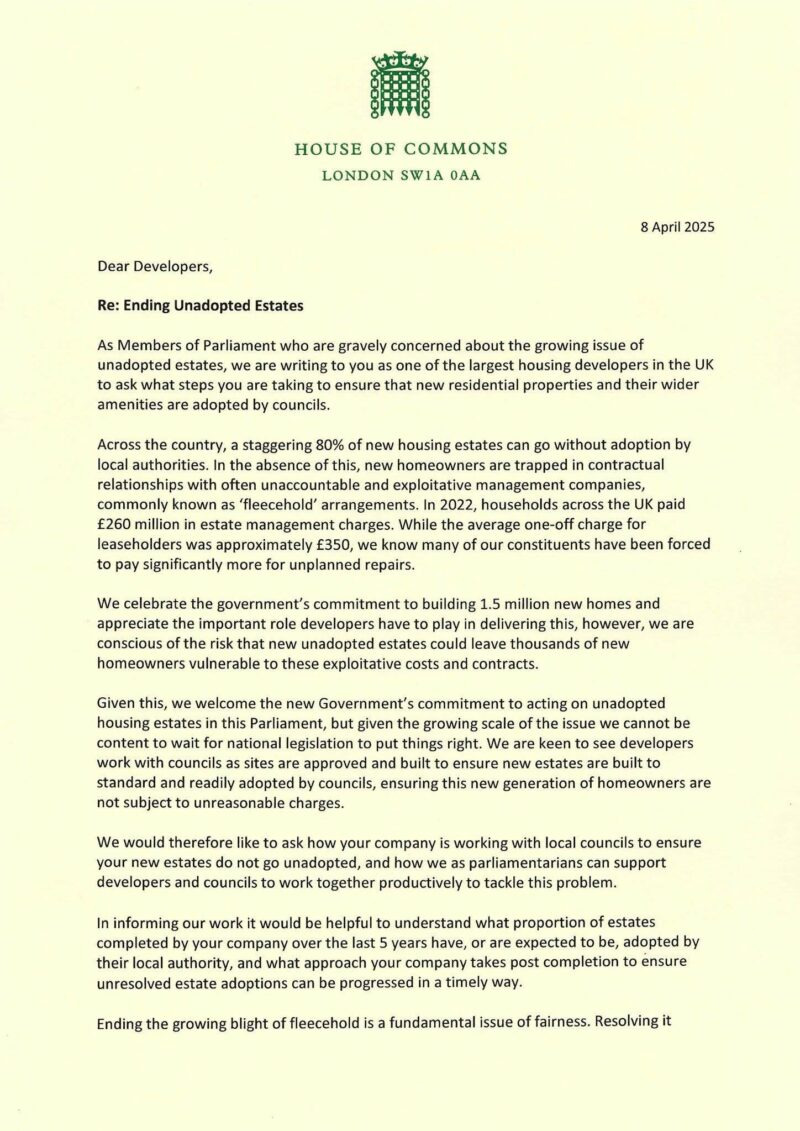 Ending Unadopted Estates letter - page 1