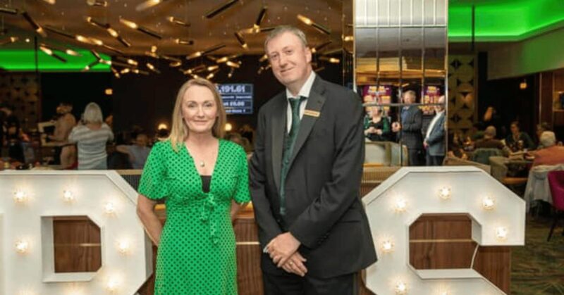 Jo Platt with Andrew Tattershall - General Manager of BJ’s Bingo Leigh.